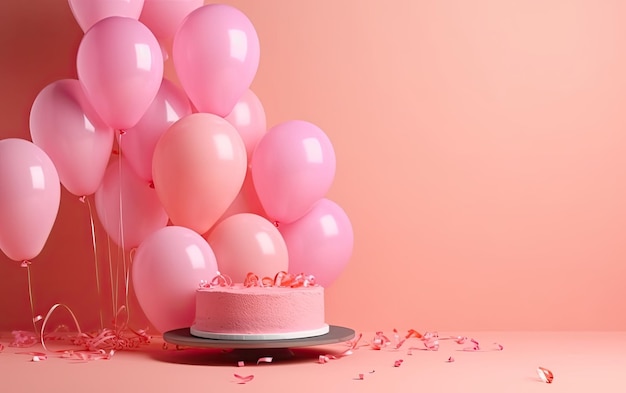 Festive background with pink balloons and birthday cake