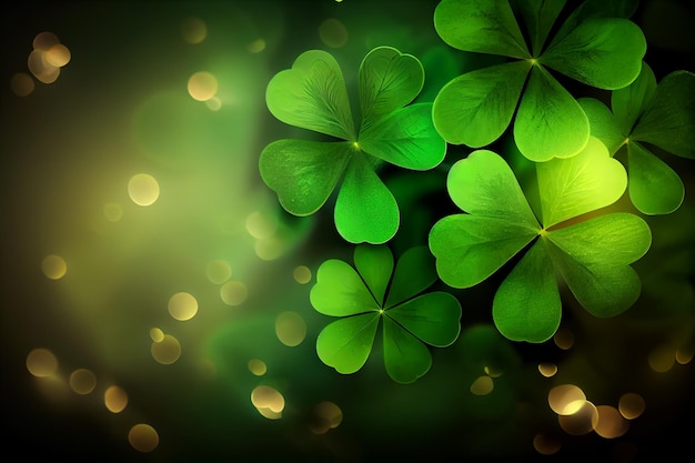 Festive background with shining clover shamrocks and golden bokeh St Patrick's Day backdrop Generative AI illustration