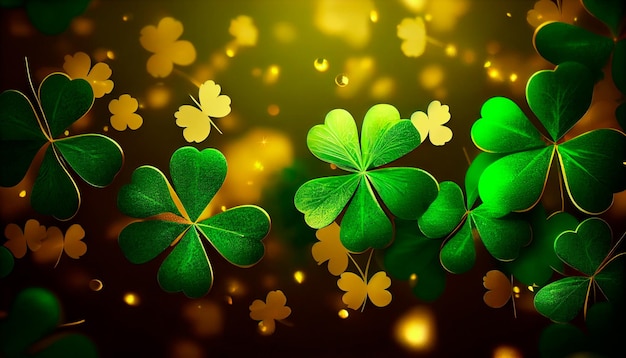 Festive background with shining clover shamrocks and golden bokeh St Patrick's Day backdrop Generative AI