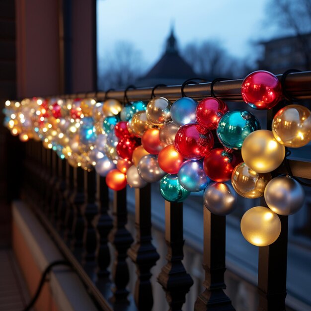 Festive balcony decoration for Christmas and New Year Close up of Christmas decoration balls and g