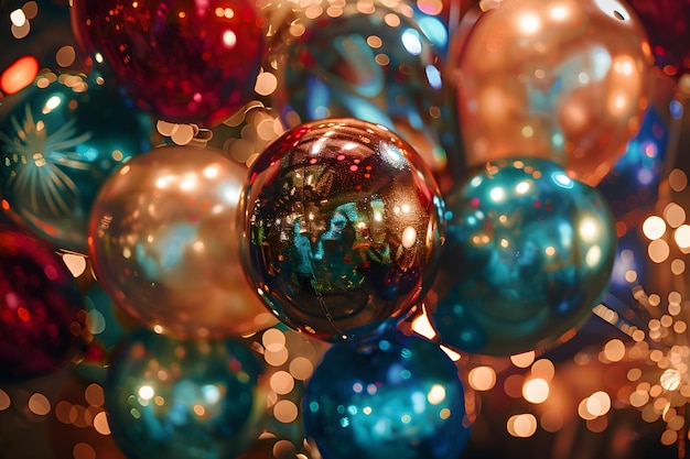 Festive balloon display with colorful Happy New Era message on a vibrant background