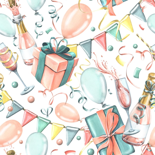 Festive balloons gifts champagne in glasses and bottles confetti and flag garlands Watercolor illustration Seamless pattern from the collection of HAPPY BIRTHDAY For design of congratulations