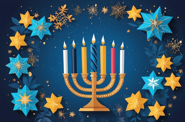 a festive banner with a menorah and candles