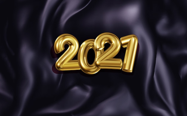 Festive banner with volumetric golden numbers 2021 on the background of folds of  dark satin fabric. Realistic New Year background for the new 2021. Template for postcards, presentation.