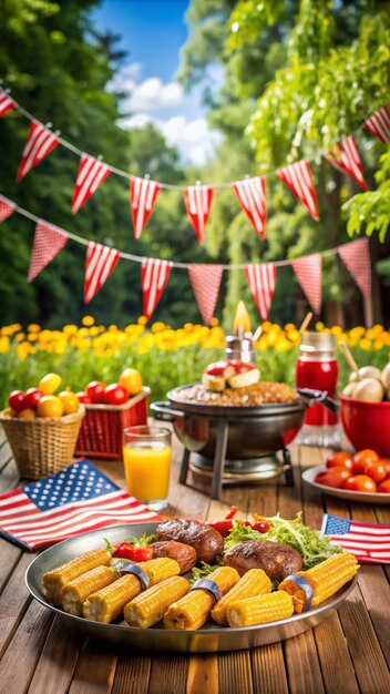 Photo a festive barbecue scene with grilling food and labor day decorations