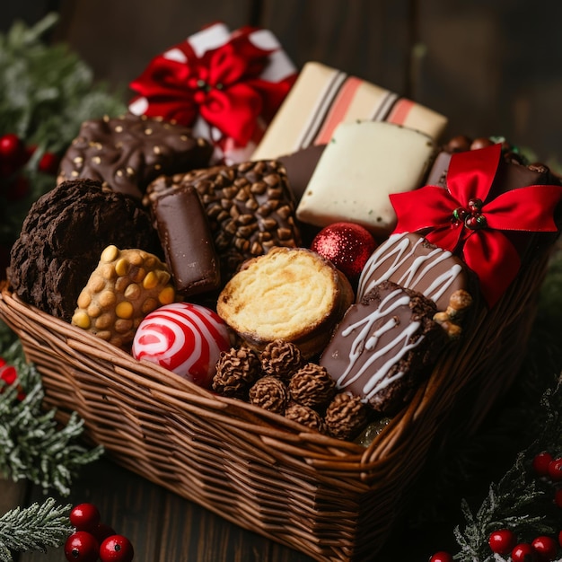 A festive basket filled with assorted chocolates and cookies decorated for the holiday season