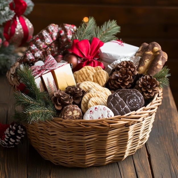 Photo a festive basket filled with various cookies pinecones and decorative items