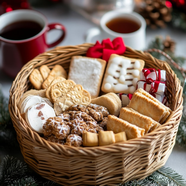 A festive basket filled with various cookies and treats perfect for sharing during celebrations