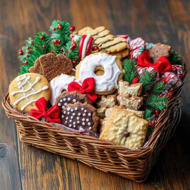 A festive basket filled with various decorated cookies and holidaythemed embellishments