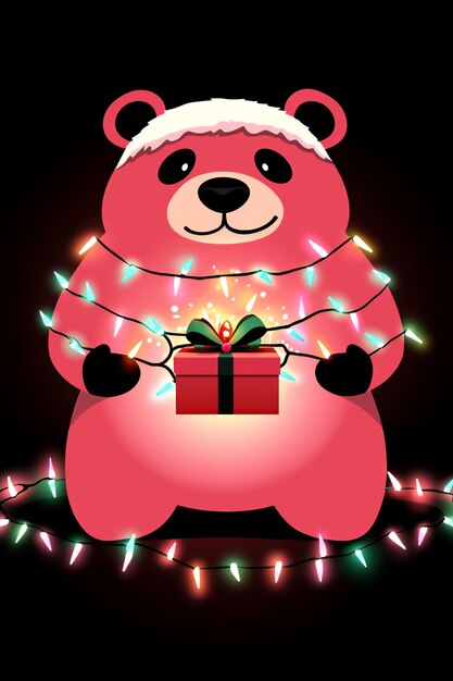 Festive Bear Holding Gift with Christmas Lights