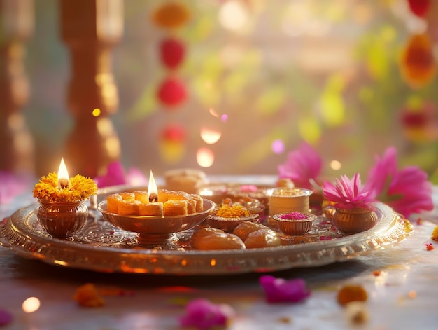 Festive Bhai Dooj Celebration ThaliSweets Diya and Flowers Evoking Joy and Togetherness