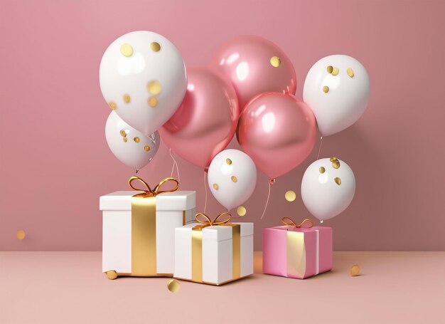 Festive birthday anniversary with box gift white pink and gold helium balloons background