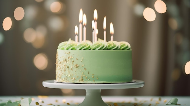 A festive birthday cake with lighted candles stands on a stand on the table