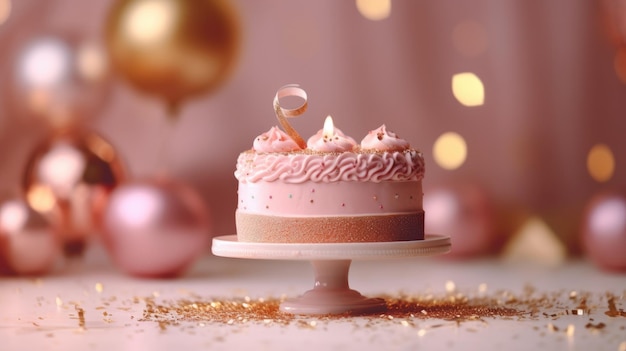 A festive birthday cake with lighted candles stands on a stand on the table