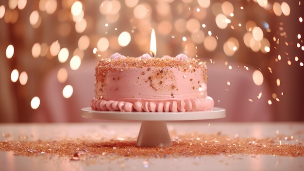 A festive birthday cake with lighted candles stands on a stand on the table