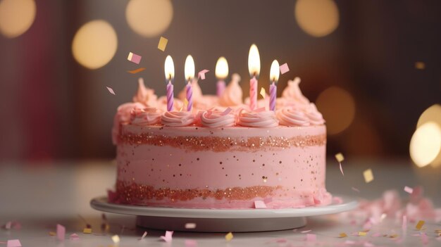 A festive birthday cake with lighted candles stands on a stand on the table