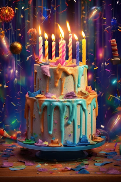 Festive birthday cake with lit candles and confetti created with generative ai