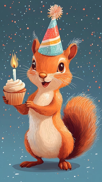 Photo festive birthday card with funny red squirrel illustration