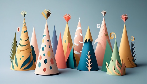 Festive birthday party hats in paper cut style Generative AI