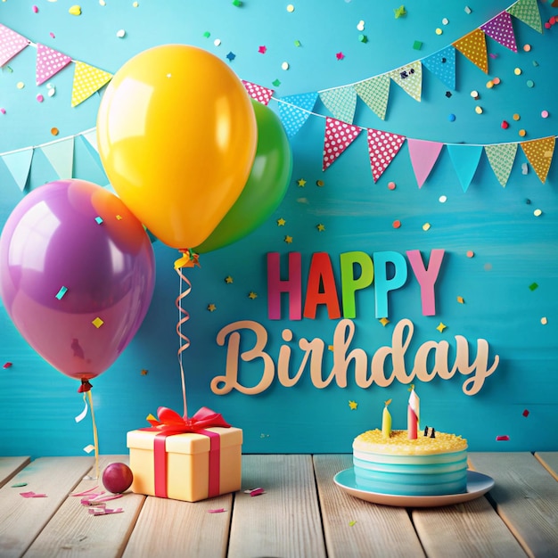 A festive birthday setup with balloons confetti a cake and a gift box on a wooden table against a blue background