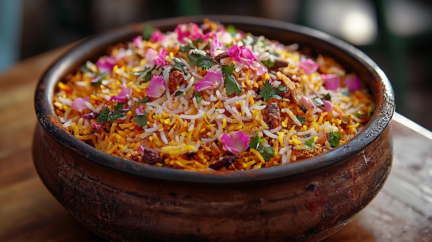 Photo festive biryani dish garnished with edible flowers