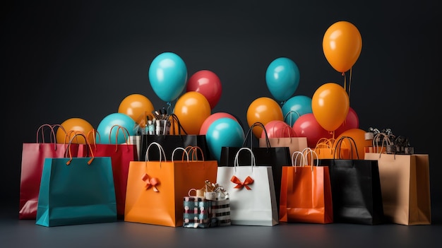 A festive Black Friday atmosphere with colorful decorations and shoppers