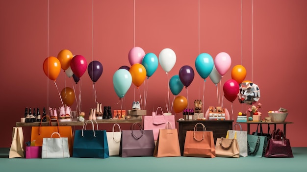 A festive Black Friday atmosphere with colorful decorations and shoppers