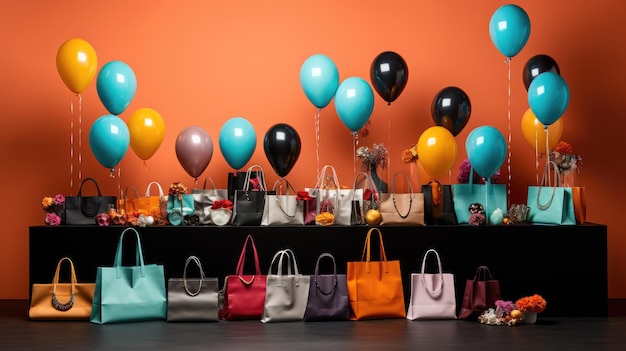 A festive Black Friday atmosphere with colorful decorations and shoppers