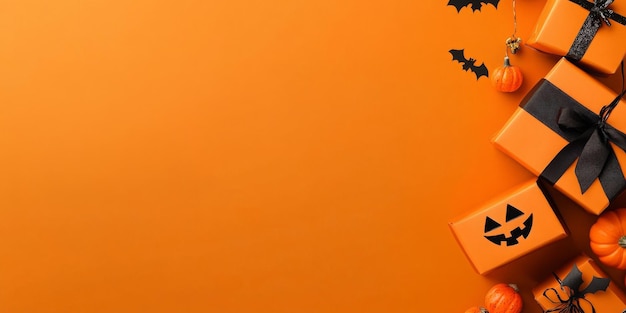 Festive black and orange gift boxes with autumn leaves on an orange background for Halloween