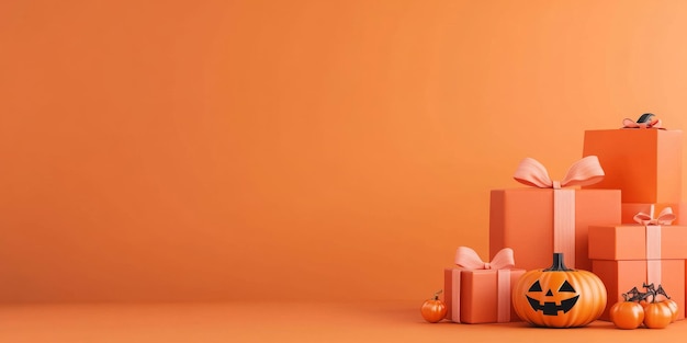 Festive black and orange gift boxes with autumn leaves on an orange background for Halloween