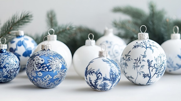 Photo festive blue and white christmas ornaments