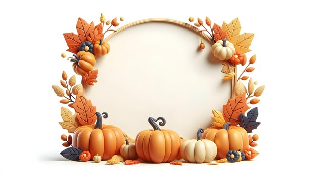 Festive Border Frame with Pumpkins and Autumn Leaves for Thanksgiving 3D Flat Icon with Copy Space