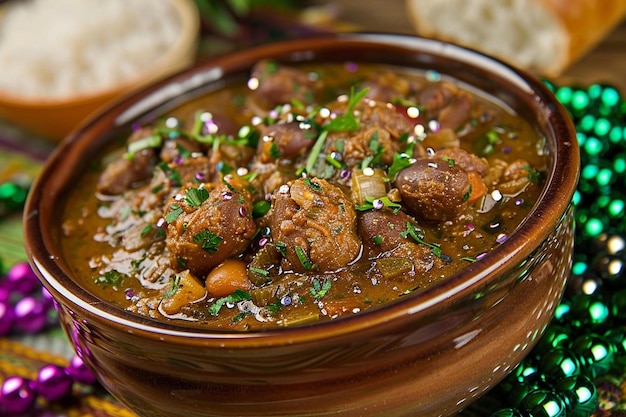 A festive bowl of gumbo with mardi gras beads around