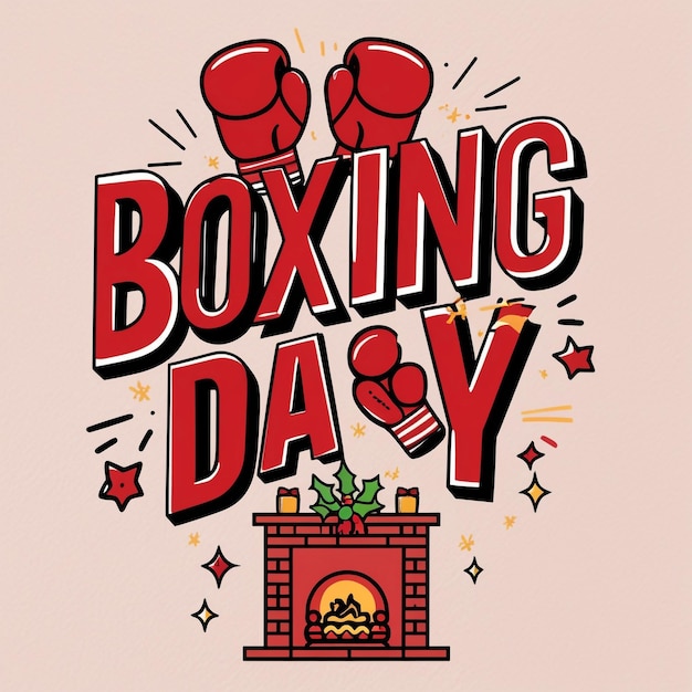 Photo festive boxing day design with playful typography boxing gloves and cozy fireplace a cheerful holiday celebration