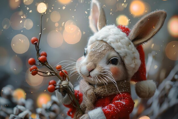 Festive bunny in santa hat with winter berries