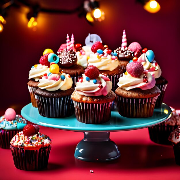 Photo festive cake platter with colorful party cakes on cheerful green background