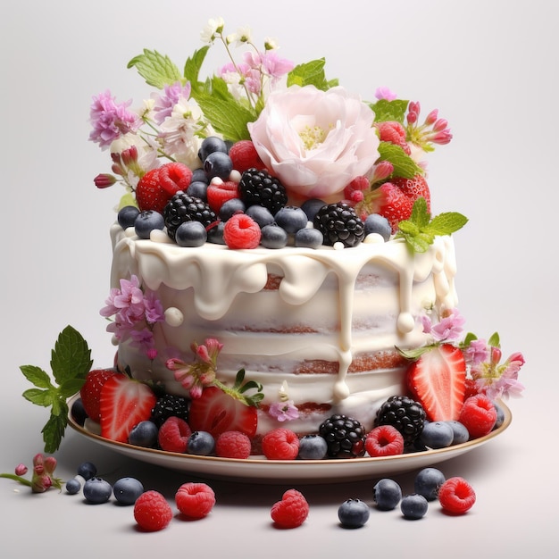 Festive cake with berries and flowers ai generated