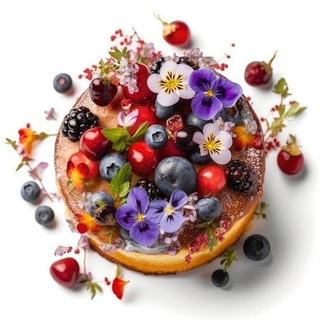 Festive cake with berries and flowers on white generative ai