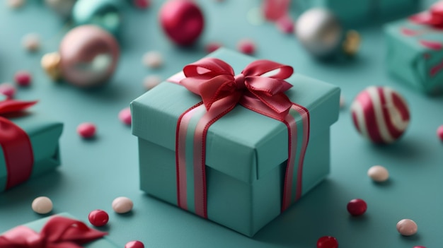 Festive candy boxes with ribbons and bows scattered on a teal surface