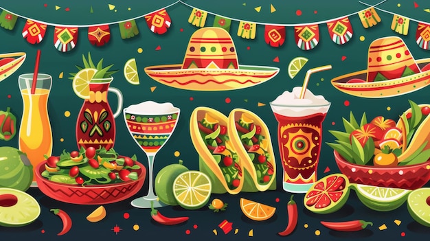 Festive cartoon vector of a Cinco de Mayo celebration with a variety of Mexican dishes drinks and decorative elements like sombreros and chili peppers Generative AI