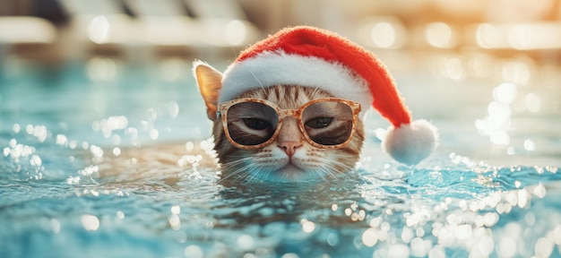 A festive cat wearing sunglasses and a Santa hat relaxing in a swimming pool during sunset on a warm holiday evening