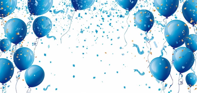 Photo festive celebration with blue balloons and confetti on a white background