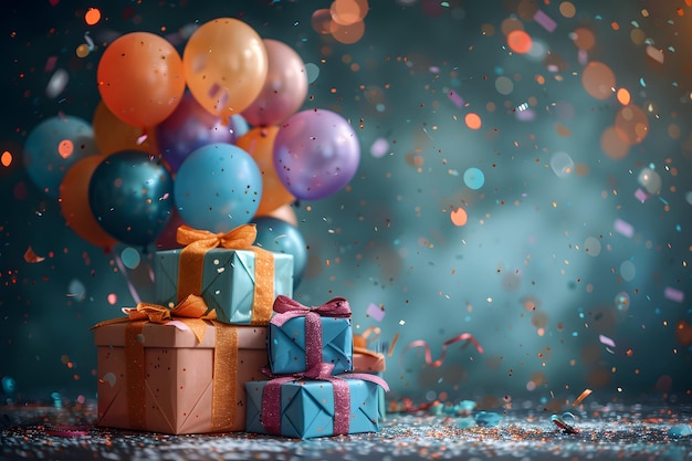 Festive Celebration with Colorful Balloons and Gift Boxes