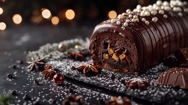 Photo festive chocolate log cake on table holiday dessert image