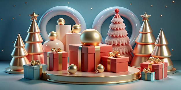 Festive Christmas Background with 3D Rendering of Gifts Decorations