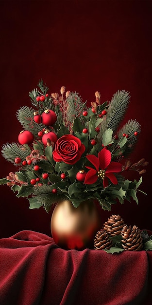 Festive Christmas Bouquet with Red Roses and Ornaments in Gold Vase