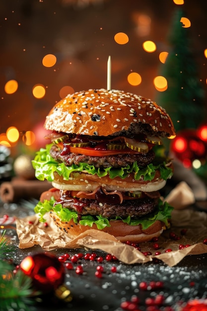 Festive Christmas Burger with Holiday Decoration and Bokeh Lights