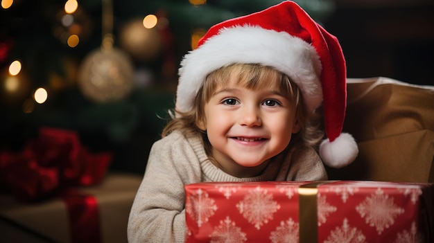 Festive Christmas Celebration at Home Happy Child with Gift Boxes and Tree