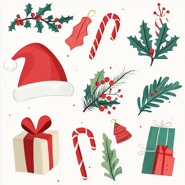 Festive Christmas Clip Art Cheerful Santa Hats Gifts and Holly for Joyful Holiday Designs