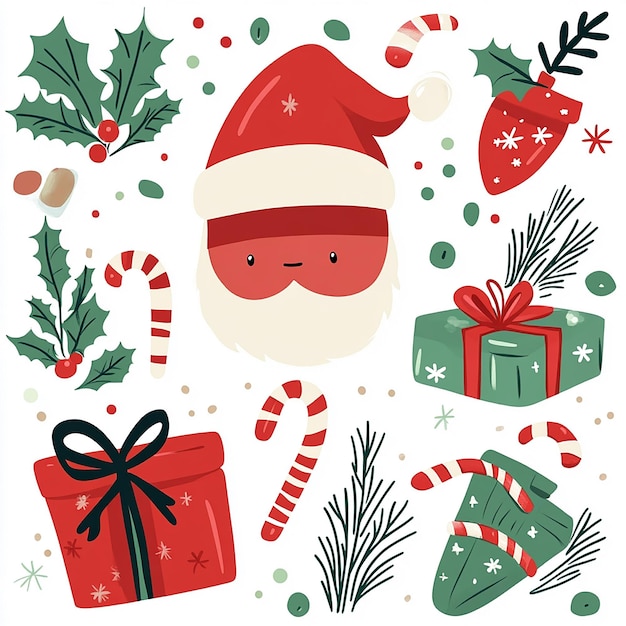 Festive Christmas Clip Art Cheerful Santa Hats Gifts and Holly for Joyful Holiday Designs